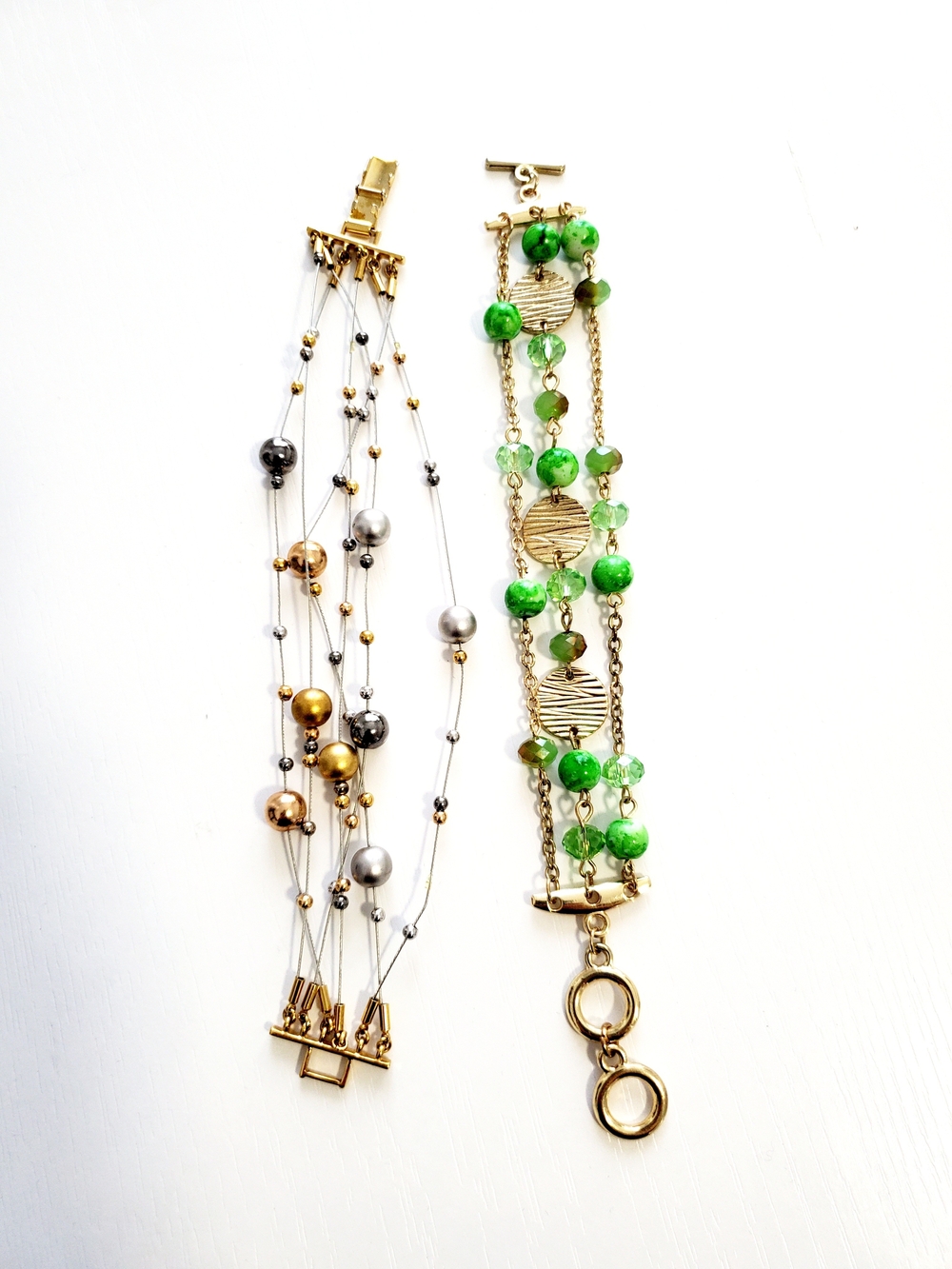 Gold and Silver Multi-Strand Beaded Bracelet Set with Green Charm Bracelet